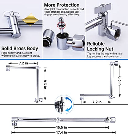 G-Promise 16 Inch Solid Brass Shower Head Extension Arm (Chrome) | Rise or Lower Shower Head, All Metal, Height & Angle Adjustable Extender, Firmly Secure Shower Head, Easy Install - color: Chrome