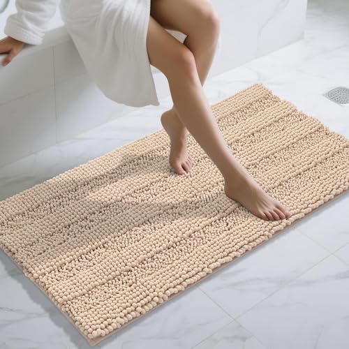 Yimobra Bathroom Rug Mat 47 x 24, Non Slip and Super Absorbent Bath Mat,Machine Washable Quick Dry,Ultra Plush Chenille Shower Rugs for Bathroom Floor Sink Tub and Shower Outside, Beige - color: Beige, size: 47" X 24"