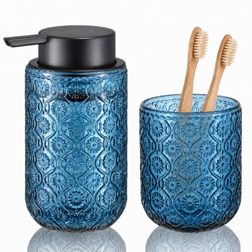 Bathroom soap Dispenser and Toothbrush Holder Set | Bathroom Accessories 2 pack cup and toothpaste holder blue glass - color: Navy Blue