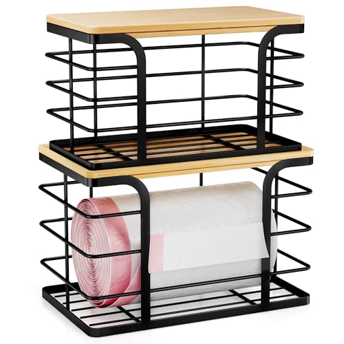 2 Pack Stackable Storage for Kitchen Laundry Pantry Organizers,Trash Bag Holder with Bamboo Top,Wall Mount Garbage Bag Dispenser,Black Large and Small - color: 2 Pack-l&s Black