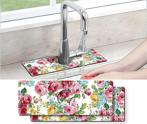Kitchen Sink Splash Guard Faucet Mat -2 PC Super Absorbent Fast Drying Mat Sink Gadgets-Splash Guard Behind Faucet Drip Catcher for Kitchen, Bathroom,Sink Mat, Dish Drying Mat, Bathroom(15" X 5.5" ) - color: Pink Red Roses Floral, size: 15" x 5.5" (2 Pack