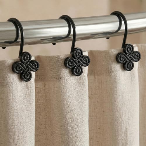 Matte Black Shower Curtain Hooks: Rust Proof Metal Curtain Rings, 12Pcs | Stylish Clover Knot Decorative Shower Hooks, Elegant Flower Hanging Hangers for Shower Rod, Gift for Modern Bathroom Decor - color: Matte Black