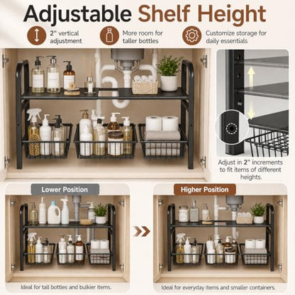 2 Tier Expandable Under Sink Organizer, 26.8 to 35.8 Inches Wide Carbon Steel Rack, Heavy Duty Storage for Double Sink Cabinet, P-Trap and Disposal Friendly (White)