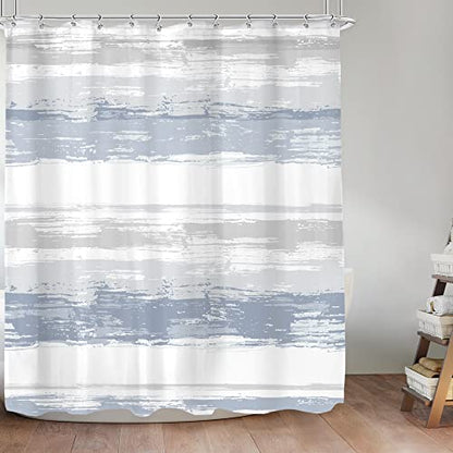 Abstract Blue Modern Gray White Striped Neutral Bathroom Shower Curtain Set | 60Wx72H Geometric Watercolor design, waterproof HD print with fast-drying fabric and 12 hooks. - color: A1-blue Grey, size: 60"W x 72"L (Pack of 1)