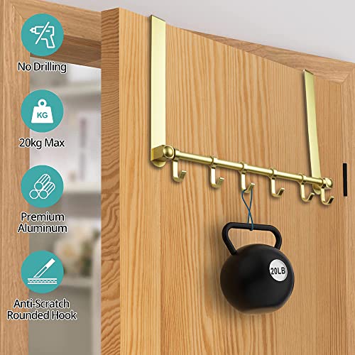 MGahyi Gold Over The Door Hooks, Over The Door Towel Rack | 6 Sliding Adjustable Hooks, Aluminum Sturdy Rustproof, No-Drilling Anti-Scratch, for Bathroom Bedroom Closet - color: Gold