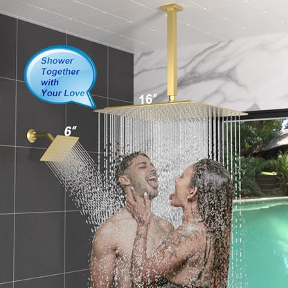 Enga Thermostatic Dual Head Shower System - 16"+6" Ceiling & Wall Mount Rainfall Showerheads, All Functions Simultaneous & Adjustable Volume, Brushed Gold - color: Brushed Gold, style: ‎16"+6" Head