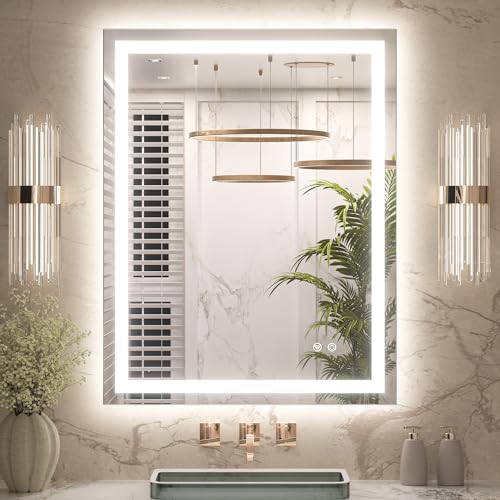 Keonjinn 28x36 Inch LED Bathroom Mirror with Light, Effortless Installation | Frontlit & Backlit, HD Tempered Grass, 3-Color Temperature & Stepless Dimmable Lighting, Fast & Safe Defogging - size: 36"L x 28"W