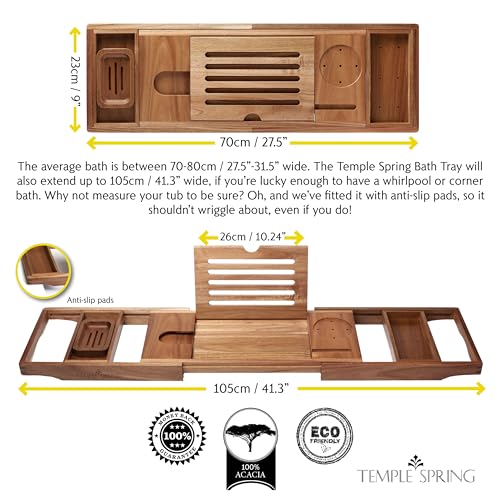 Acacia Wood Bathtub Tray Caddy for Tub — Expandable Bath Tray with Solid Book Stand Wine Holder and Non-Slip Pads — Includes Soap Dish and Spa Accessories — Luxury Hardwood Bath Gift Set - color: Acacia Wood