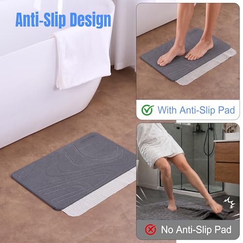 Stone Bath Mat – Quick Dry Diatomite Bath Mat, Non Slip, Fast Absorbing, Bathroom Floor Mat for Shower & Bathtub, Soft Stone Surface (23.7 x 15.4 x 0.3 inch, Grey)