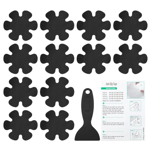 PATIKIL Bathtub Non Slip Stickers 3.9 x 3.9 Inch, 12 Pack Flower Safety Shower Floor Anti Slip Stickers with Adhesive Decals Scraper for Bath Tub Shower Floor Stair, Black