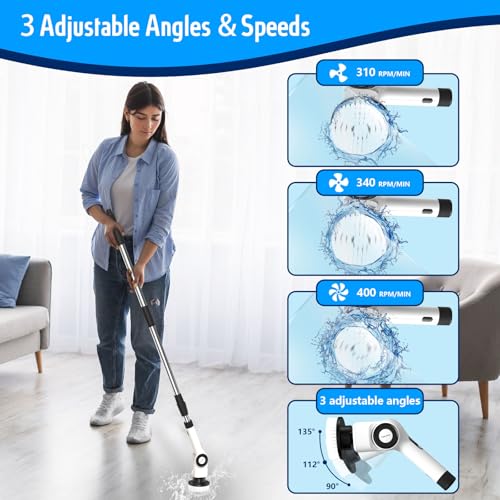 Electric Spin Scrubber,Cordless Cleaning Brush with 8 Replaceable Brush Heads,360°Power Scrubber for Tub and Floor Tile,with 3 Adjustable Speed & Rotatable & Detachable Handle for Bathroom Kitchen Car