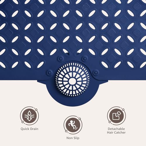 OTHWAY Bath Mat for Tub Non Slip: 39" X 17" Long Bathtub Mat with Hair Catcher│Big Drain Holes Shower Mats for Inside Shower│Machine Washable (Navy Blue) - color: Navy Blue