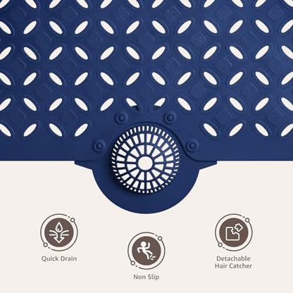 OTHWAY Bath Mat for Tub Non Slip: 39" X 17" Long Bathtub Mat with Hair Catcher│Big Drain Holes Shower Mats for Inside Shower│Machine Washable (Navy Blue) - color: Navy Blue