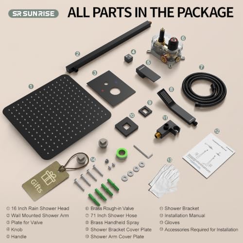 SR SUN RISE Matte Black Square Rainfall Shower Head and Handle Set, Wall Mounted Shower Fixtures, Metal Shower Faucet Trim Repair Kits (With Shower Valve) 16 Inches - color: Matte Black, size: 16 Inch