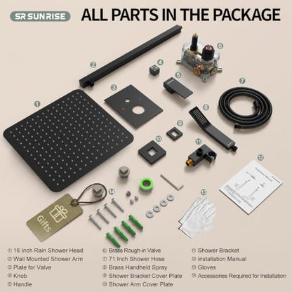 SR SUN RISE Matte Black Square Rainfall Shower Head and Handle Set, Wall Mounted Shower Fixtures, Metal Shower Faucet Trim Repair Kits (With Shower Valve) 16 Inches - color: Matte Black, size: 16 Inch