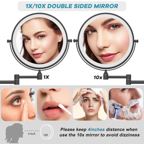8" Lighted Wall Mounted Makeup Magnifying Mirror 10X, Matte Black | Rechargeable Brass 2-Sided Bathroom Vanity, Swivel Extension Arm 360 Rotation, 3 Color Adustable Touch Sensor Dimmable
