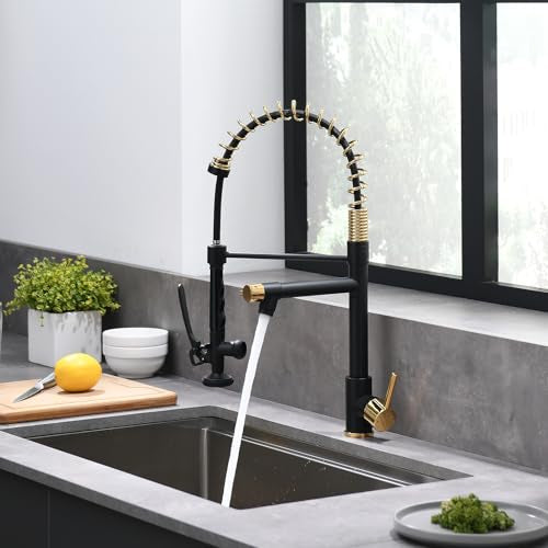Fapully Black&Gold Kitchen Faucet with Sprayer,Commercial Pull Down | Kitchen Faucet for Kitchen Sink, 360 Swivel Sinlge Handle Single Hole - color: Black&Gold, style: Classic