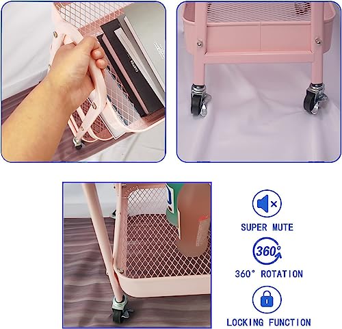 Utility Cart, 3-Tier Rolling Slim Storage Cart with Wheels, Metal, Pink - color: Pink