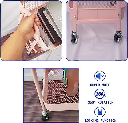 Utility Cart, 3-Tier Rolling Slim Storage Cart with Wheels, Metal, Pink - color: Pink
