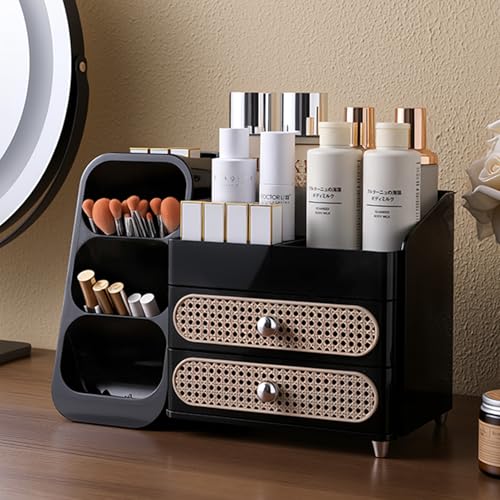Aveniee Makeup Organizer with Drawers, Large Bathroom Countertop Organizer for Vanity, Desk Cosmetics Storage for Perfume Brushes Skincare Eyeshadow Lotions Lipstick-Black - color: Black