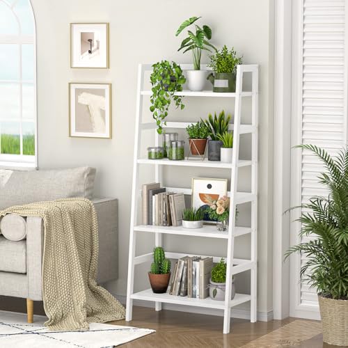 Ladder Shelf, 4-Tier Bamboo Ladder Bookshelf, 49.2” White Book Shelf, Open Bookcase Freestanding Plant Stand for Small Space, Bathroom, Living Room, Bedroom, Home Office - color: White