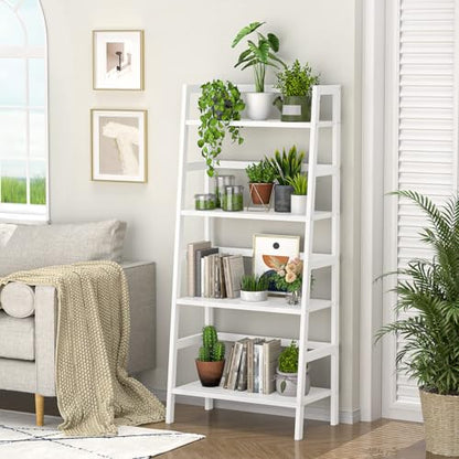 Ladder Shelf, 4-Tier Bamboo Ladder Bookshelf, 49.2” White Book Shelf, Open Bookcase Freestanding Plant Stand for Small Space, Bathroom, Living Room, Bedroom, Home Office - color: White