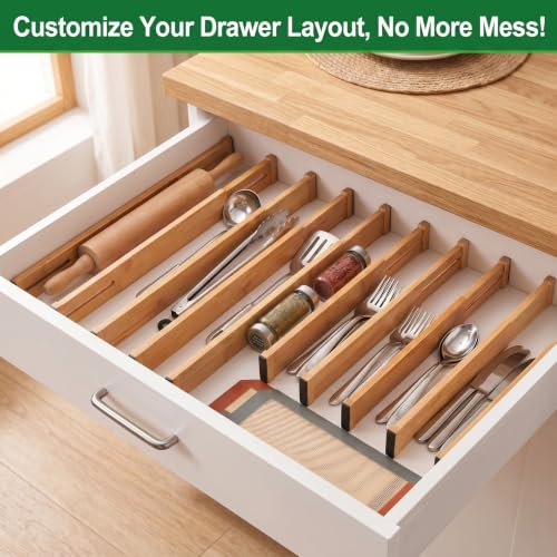 6 Pack Bamboo Drawer Dividers, Dresser Separators 16.6" to 21.8" | Adjustable Expandable Drawer Organizer, Bamboo Kitchen Drawer Divider for Clothing Socks Office Desk Bathroom Storage