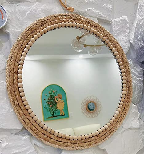 OYPEIP 20”Large Nature Rattan Boho Innovative Art Decoration Round Makeup Mirror Dressing Bedroom Bathroom Wall Mounted Hanging Mirrors Craft Photo Props…