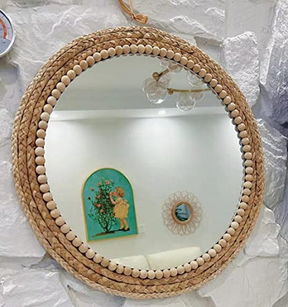 OYPEIP 20”Large Nature Rattan Boho Innovative Art Decoration Round Makeup Mirror Dressing Bedroom Bathroom Wall Mounted Hanging Mirrors Craft Photo Props…