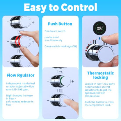 Thermostatic Digital Triple Heads Rain Shower System Can Run Together | 4-Function Full Body Shower Faucets Set with 12" + Two 6" Tilted Showerhead and Brass Handheld, Chrome - color: Chrome, style: 12” + 6" + 6"