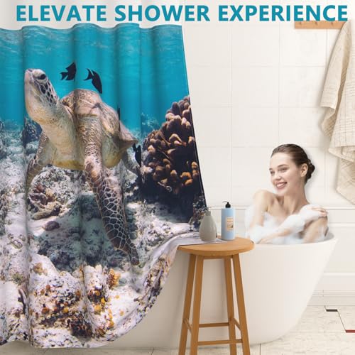 No Hook Shower Curtain and Liner Set, Washable Shower Curtain Liner & Ventilation Window, Water Repellent Bath Curtain Features Realistic-Style Sea Turtle Pattern, Bathroom Essentials, 71x74 Inch - color: Underwater World