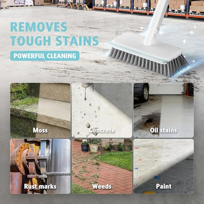 AIR U+ Concrete Scrub Brush, Long Handle, 7-Row Wire Bristles, Squeegee | Removes moss, algae and tough buildup from patios, driveways, pavers and garage floors, focused control for edges and steps