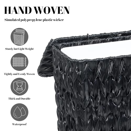 Coeusy Black Wicker Trash Can with Lid and Liner,Waterproof Narrow Waste Basket for Bathroom,Bedroom,Office,3 Gallon - color: black