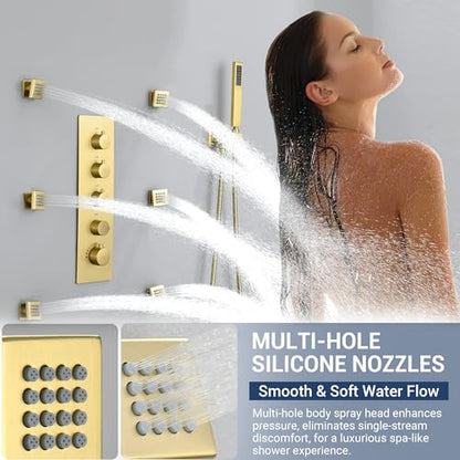 Luxury Thermostatic Rain & Waterfall Shower System with 22” Rain Shower Head & 6 Body Jets, JetsBath Wall Mounted Shower Faucet Sets with Handheld Sprayer, 3/4” Inlet Thermostatic Valve - color: Brushed Gold