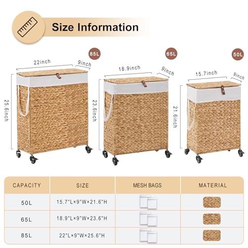 Rolling Laundry Hamper with Lid and Wheels, Slim Laundry Basket with Removable Liner Bag & 2 Mesh Bags, Handwoven Water Hyacinth Clothes Hamper for Bedroom Bathroom (Natural, 50L) - color: Natural/With Lid/50L