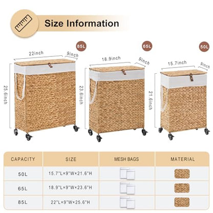 Rolling Laundry Hamper with Lid and Wheels, Slim Laundry Basket with Removable Liner Bag & 2 Mesh Bags, Handwoven Water Hyacinth Clothes Hamper for Bedroom Bathroom (Natural, 85L) - color: Natural/With Lid/85L