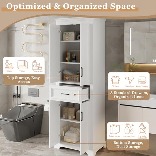 JIJIWANG 70.8" H Modern Wood Tall Bathroom Storage Cabinet, White Freestanding Linen Tower with Soft-Close Doors, Drawer, Adjustable Shelves, Anti-Tip Design, for Master Bathroom