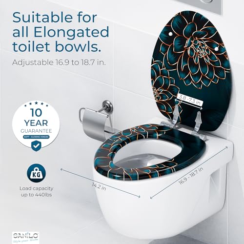 SANILO Wooden Toilet Seat with Soft Close [ELONGATED] - Decorative, Quiet & Slow Close Molded Wood Seat - With Strong Bumpers & Hinges - Adjustable Fit - Dahlia - color: Dahlia