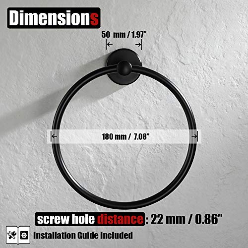 JQK Black Towel Ring, 304 Stainless Steel Matte Black Hand Towel Holder for Bathroom, Wall Mount, TR130-PB - color: Black