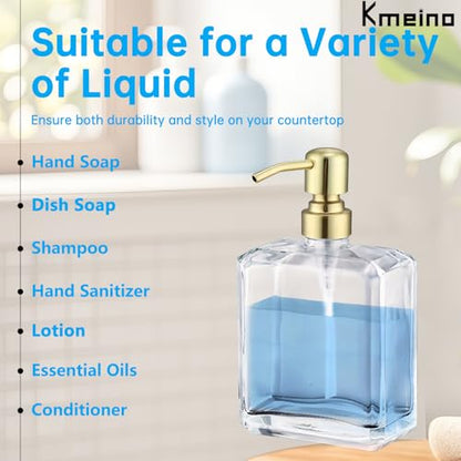 Clear Glass Soap Dispenser Rectangular, Brushed Gold Pump, 13.5 oz | Rust Proof Stainless Steel Pump, Refillable, Hand Soap, Liquild Soap, Dish Soap - color: Gold, size: 13.5oz-Square