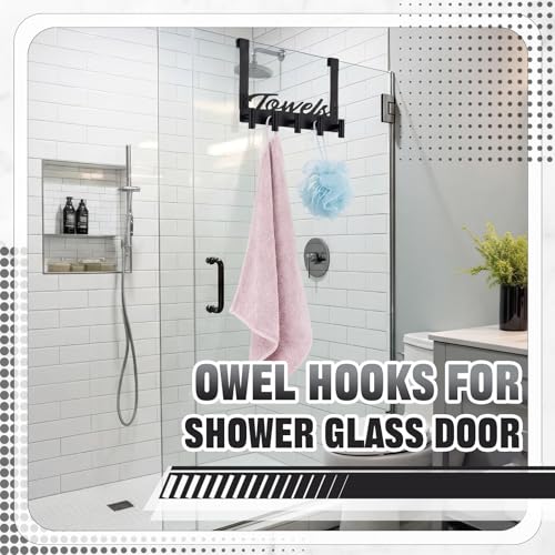 Qunclay Shower Door Hooks 5 Hooks Towel Rack for Frameless Glass Shower Doors, No Drill Stainless Steel Heavy Duty Over Door Towel Holder for Bathroom, Hanging Robe, Towels, Loofah