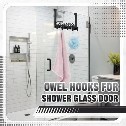 Qunclay Shower Door Hooks 5 Hooks Towel Rack for Frameless Glass Shower Doors, No Drill Stainless Steel Heavy Duty Over Door Towel Holder for Bathroom, Hanging Robe, Towels, Loofah