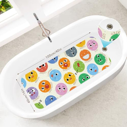 SHUCHING Baby Bath Mat for Tub Non Slip-40x16 Inch | Bathtub Mat for Kids & Toddler Mold Free, Long Shower Mat for Inside Shower with Suction Cup, Machine Washable - color: Emoji