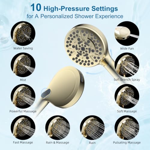 Hibbent Metal 10" High Pressure Rain Shower Head Combo, Polished Brass | cUPC Certified Rainfall Shower Head with handheld 10 Sprays, 16'' Adjustable Extension Arm, 71'' Hose, Showerhead Holder - color: Polished Brass, style: Square 10''