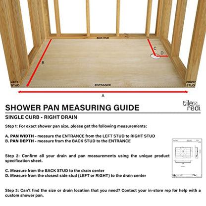 Tile Redi 3260RSPVC-13-2-4 Shower Pan with Right Drain- Single Curb Shower Base, 2" PVC Drain, and Plate Included, 60" Width x 32" Depth - size: 60" W x 32" D, style: Right Round Drain Plate 13" from Back