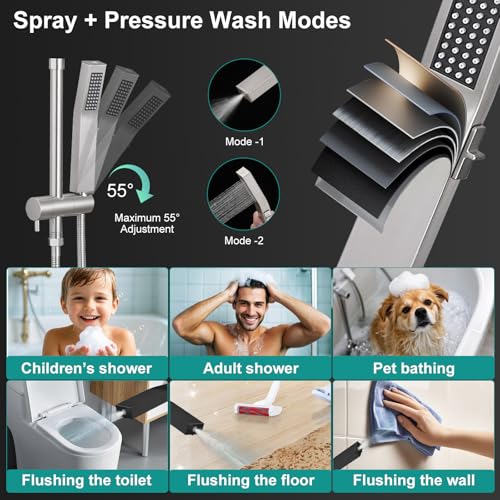 All Metal 10 Inch Rain Shower Head with Handheld Spray Combo, High Pressure Waterfall Rainfall Square Shower Heads with 16" Adjustable Extension Arm, Dual Showerhead with 3-Way Diverter,Brushed Nickel - color: Brushed Nickel, size: 10 Inch