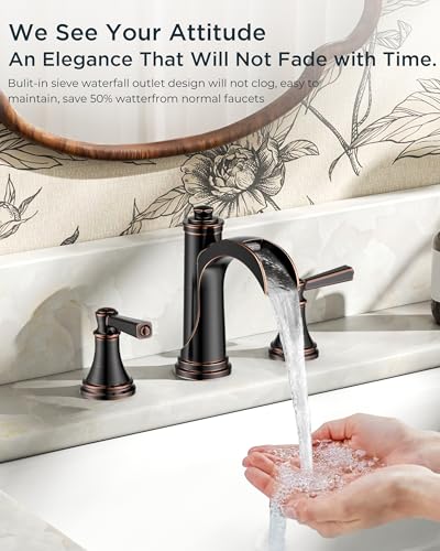 FORIOUS Oil Rubbed Bronze Bathroom Faucet 3 Hole, Waterfall Bathroom Faucet | 2 Handle Brass Waterfall Faucet for Bathroom Sink 3 Hole, 3 Pieces Antique Bronze Bathroom Faucet Widespread with Mteal Drain - color: Oil Rubbed Bronze