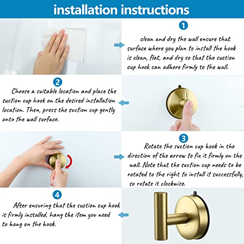DGYB Large Suction Hooks for Bathrooms - Gold Towel Hooks Stainless Steel - 15 Lb Capacity - Removable, Heavy Duty - color: 4 Pack-Brushed Gold