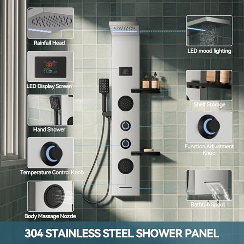 5 in 1 Brushed Nickel Rainfall Shower Panel Tower System With Storage Shelf | Stainless Steel Shower Tower with Rainfall Shower Handheld and Tub Spout Powerful Body Jets Shower Panel Set by BATHLAVISH - color: Brushed Nickel