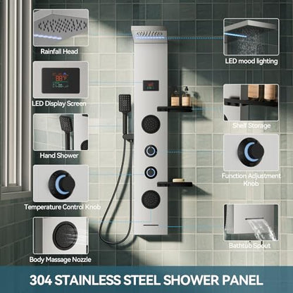 5 in 1 Brushed Nickel Rainfall Shower Panel Tower System With Storage Shelf | Stainless Steel Shower Tower with Rainfall Shower Handheld and Tub Spout Powerful Body Jets Shower Panel Set by BATHLAVISH - color: Brushed Nickel